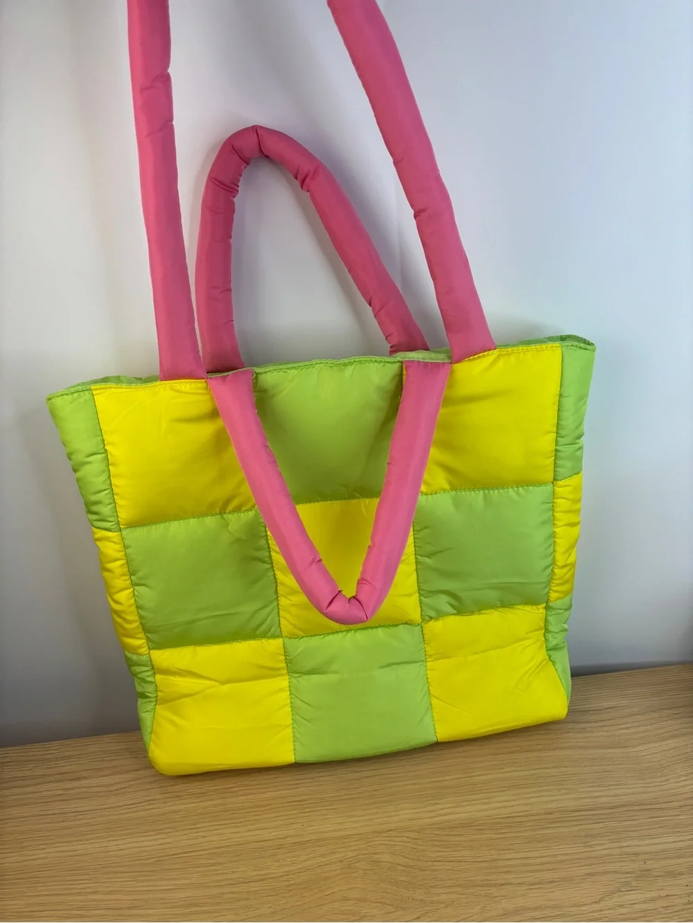 Fruit Riot! Puffy Quilted Green Yellow Checkered Tote Bag Pink Handles LIKE NEW!